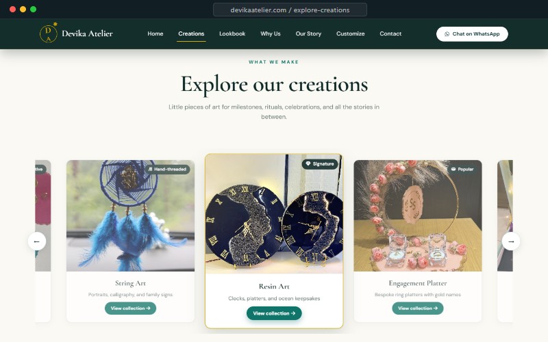 Devika Atelier Art Studio — Explore Our Creations E-Commerce Interface
